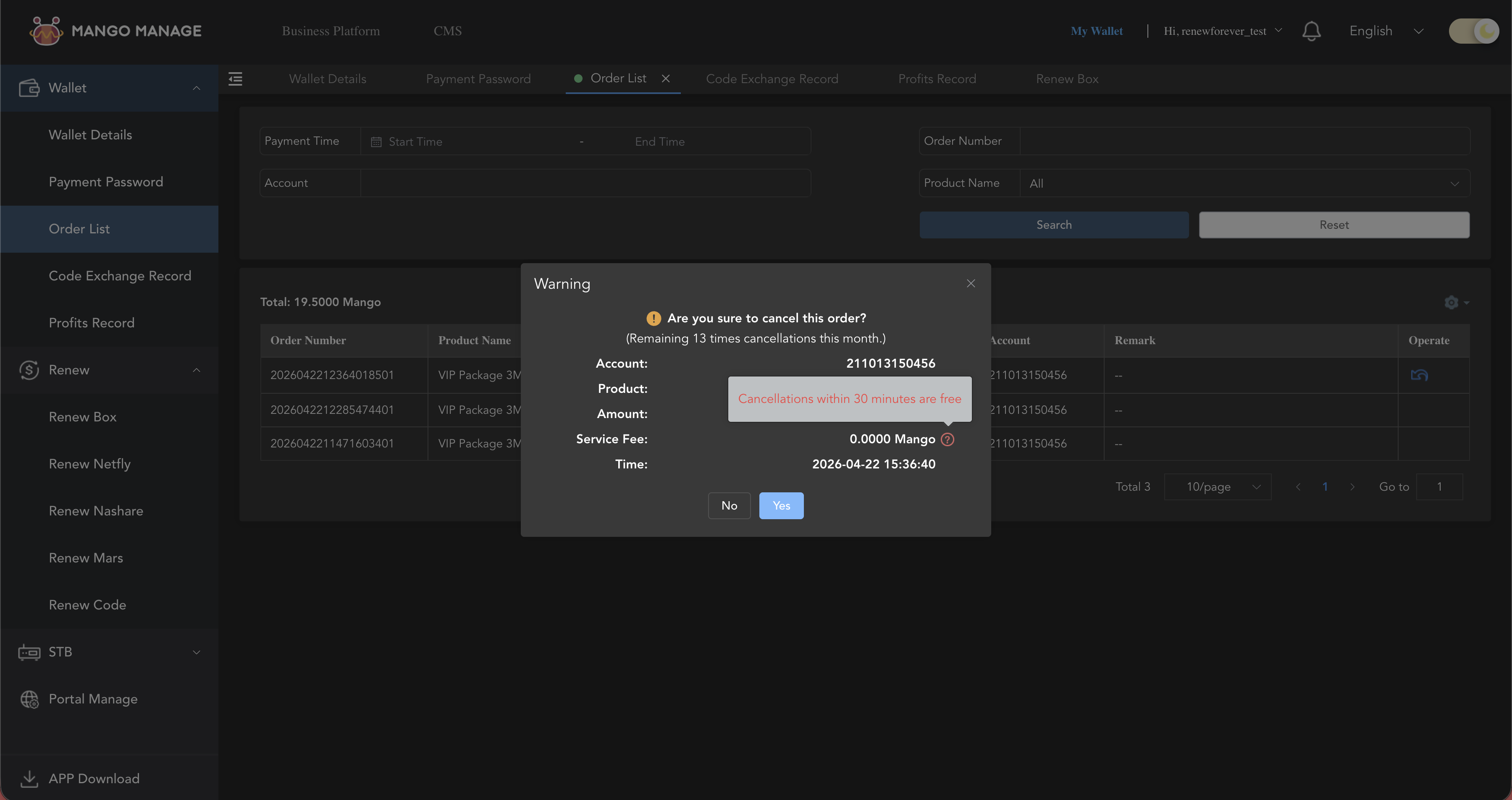 Warning dialog — "Remaining 15 times cancellations this month" + free-if-under-30-min tooltip