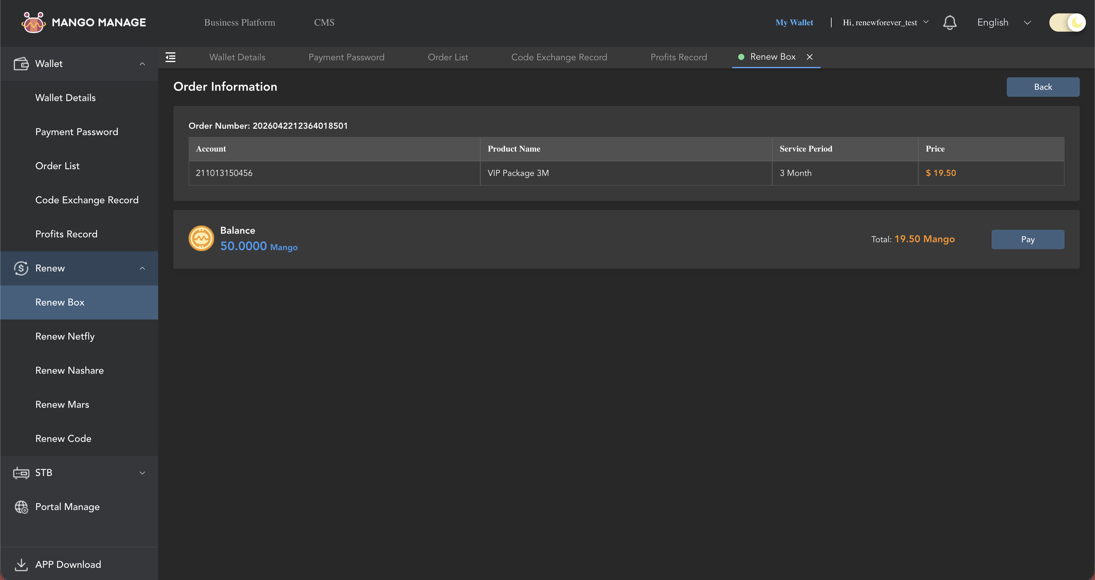 Order Information — review screen with Balance and Pay button