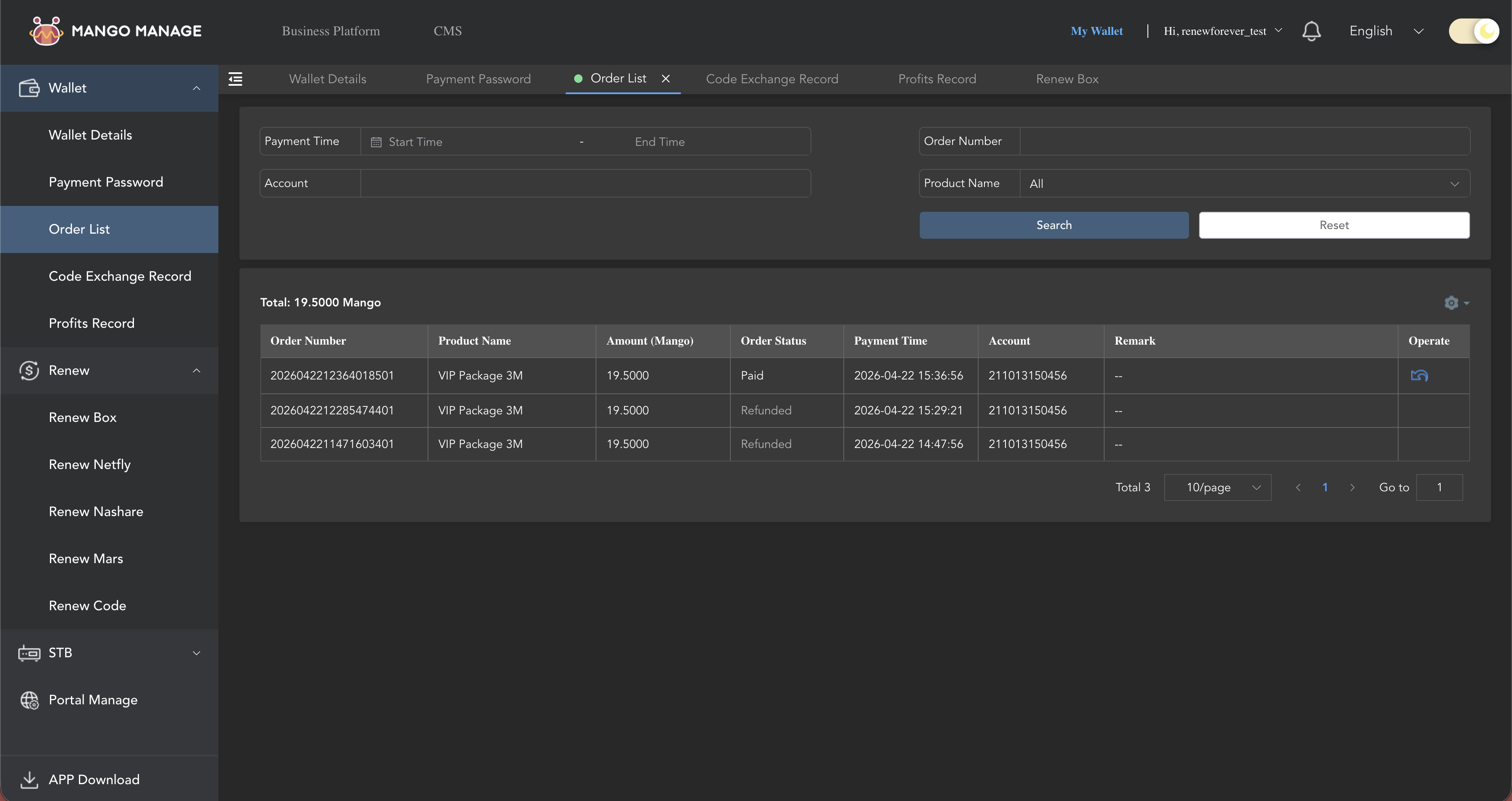 Order List page — each row with a cancel icon under Operate