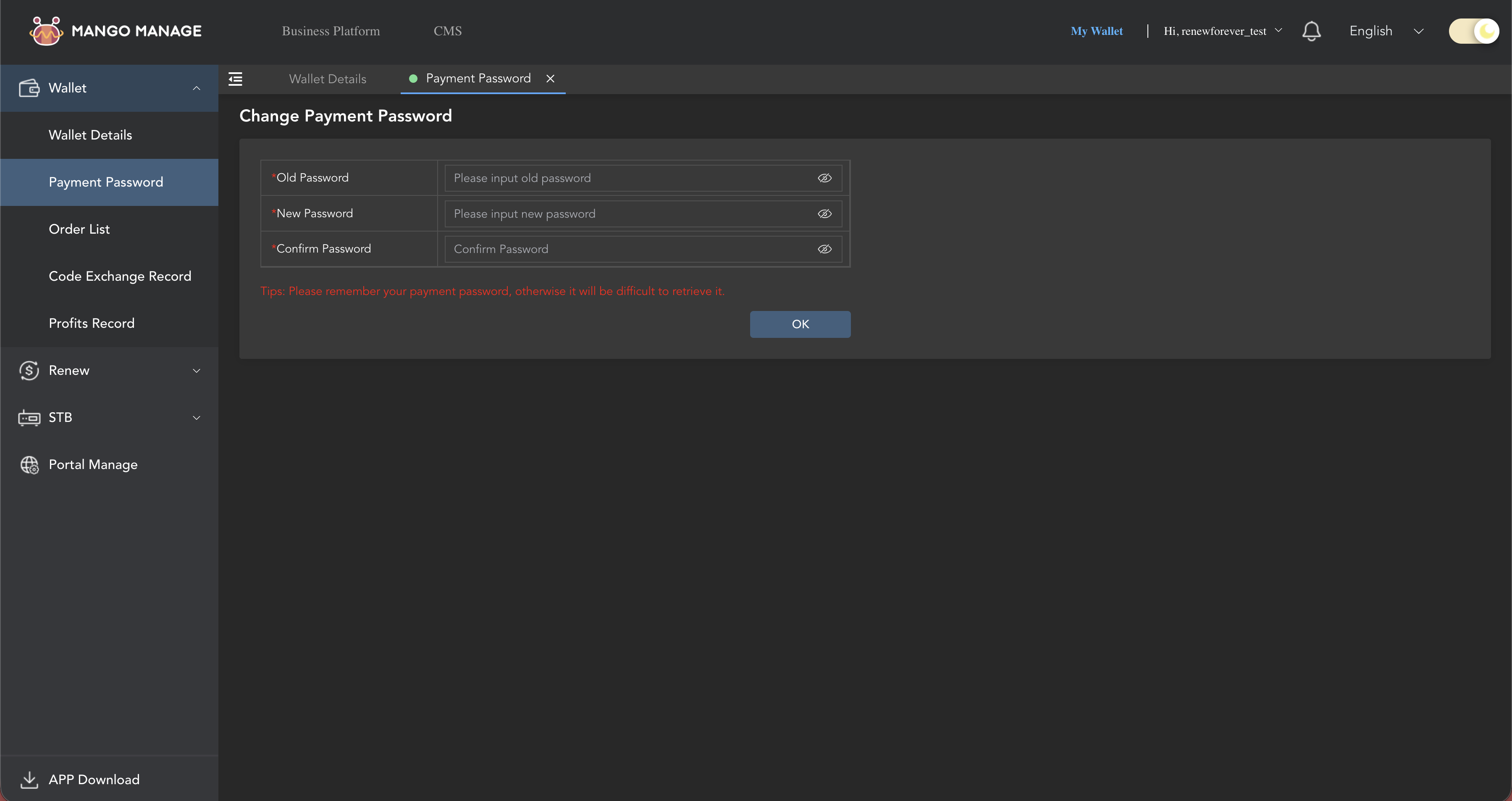 Payment Password setup form — note the red "difficult to retrieve" warning