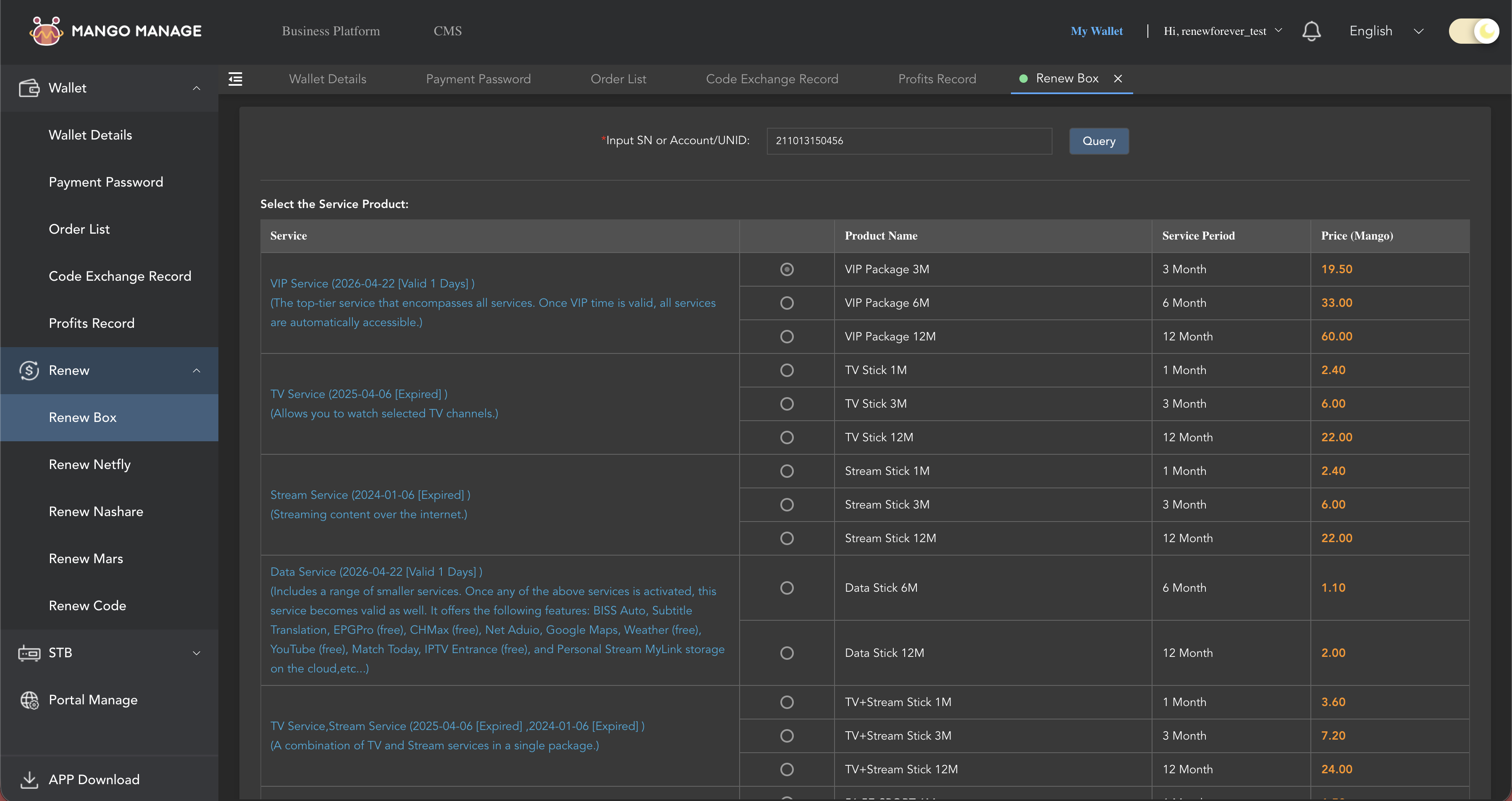 Plan picker after Query — grouped by service (VIP / TV / Stream / combo / Data / CAS)